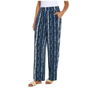 Three Dots Boho Wide Leg Blue White Printed Pull-On Pants SIze XL